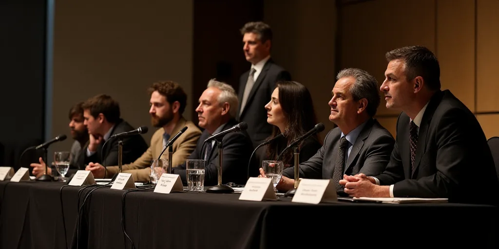 a group of people sitting at a table with microphones in front of them and a man standing behind the