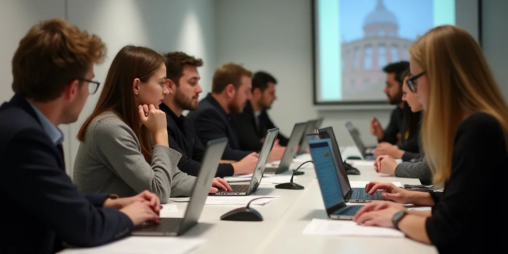 a group of people sitting at a table with laptops and papers in front of them, with one woman lookin
