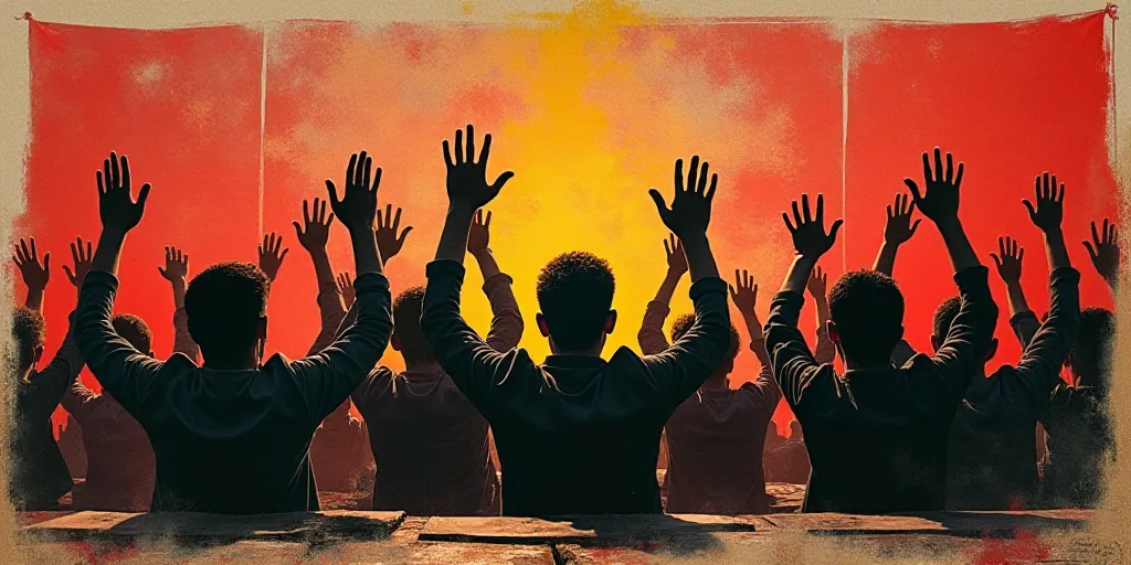 a group of people sitting at a table with their hands up in the air in front of them and a banner be