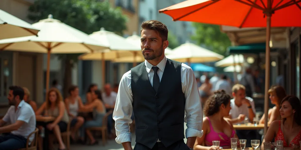 a group of people sitting at tables with umbrellas over them and one man in a black vest is standing