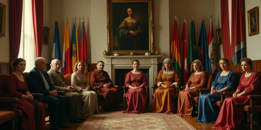 a group of people sitting in a room with flags on the walls and a painting on the wall behind them,