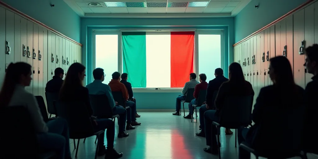a group of people sitting in chairs in a room with lockers and a flag on the wall behind them, Cefer