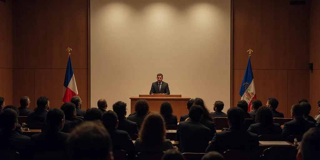 a group of people sitting in front of a podium with a man standing at a podium in front of them, Car