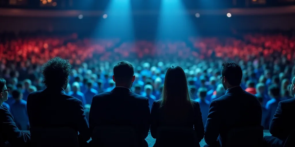a group of people sitting in front of a crowd of people in blue shirts and black jackets on stage, A