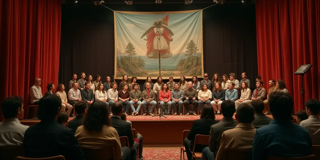 a group of people sitting on a stage with a banner behind them and a speaker at the front of the roo
