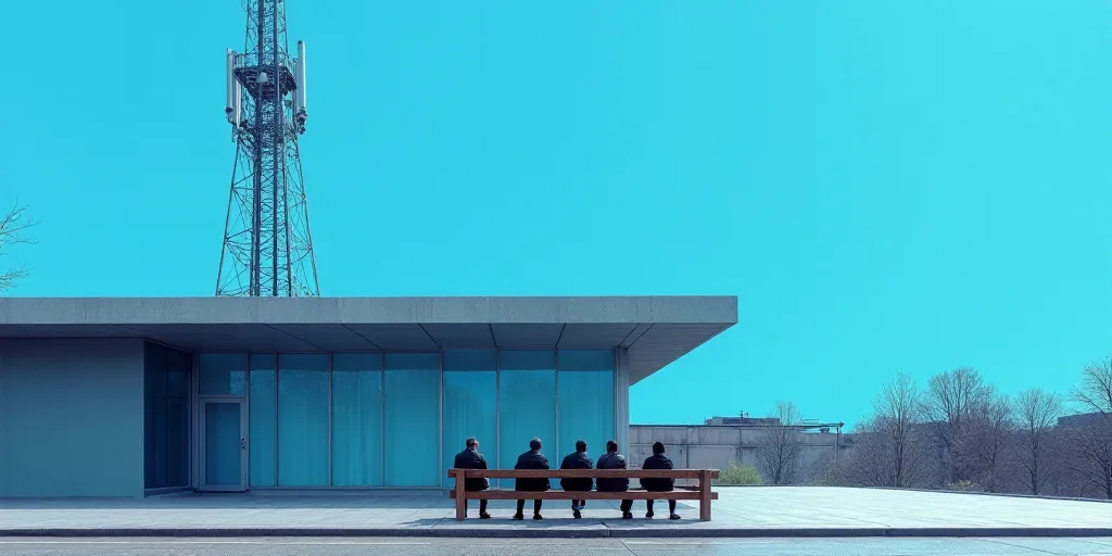 a group of people sitting on a bench in front of a building with a blue background and a cell phone