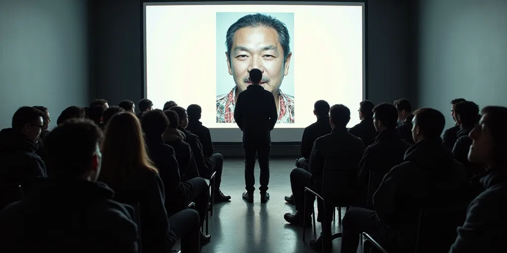 a group of people sitting on chairs in front of a screen with a picture on it and a man standing in