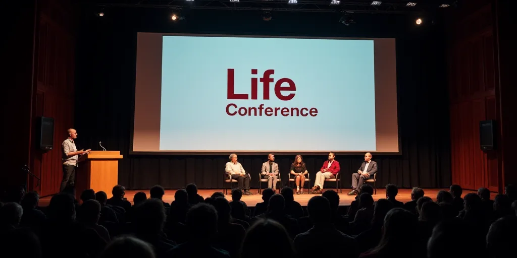 a group of people sitting on stage at a conference with a screen behind them that says life conferen
