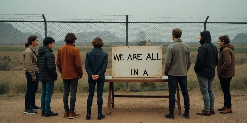 a group of people standing around a table with a sign on it that says, we are all in front of a fenc