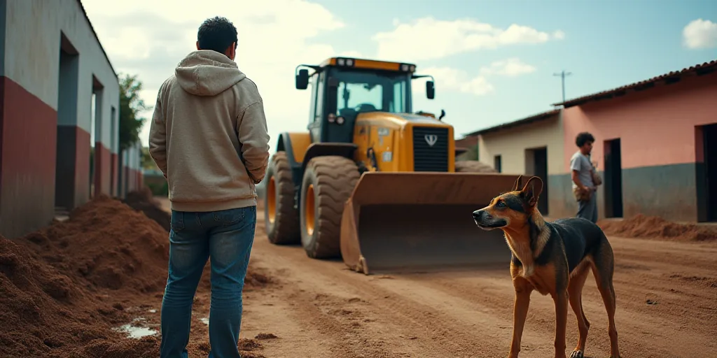 a group of people standing around a construction site with a dog in front of them and a bulldozer in