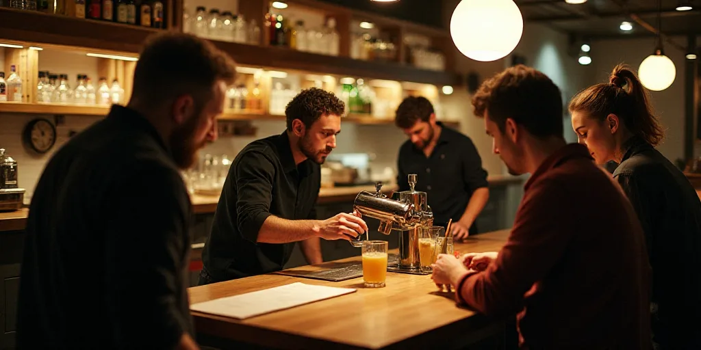 a group of people standing around a kitchen counter with a menu on it and a man pouring a drink, Év