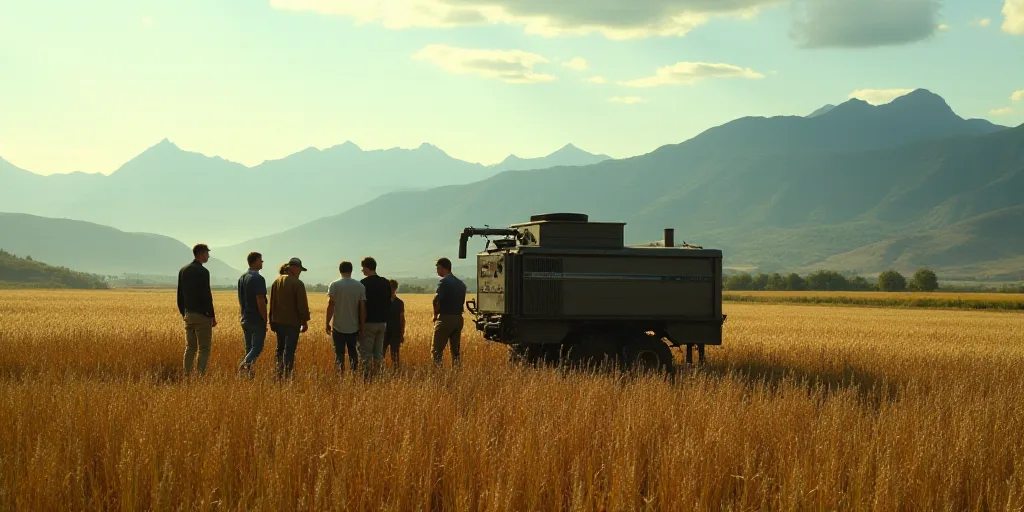 a group of people standing around a machine in a field of crops with mountains in the background in