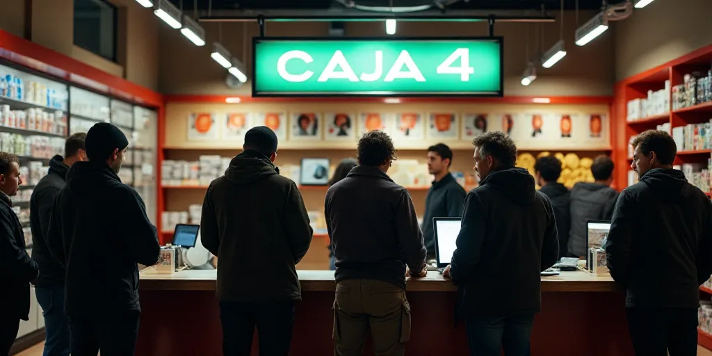 a group of people standing around a counter in a store with a sign that says caja 4 caja 4, Ceferí