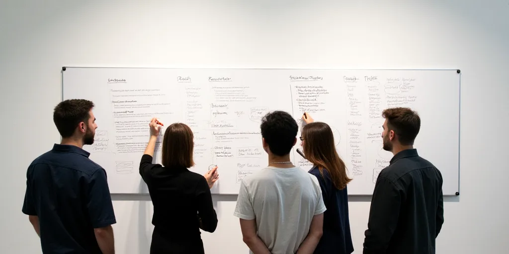 a group of people standing around a whiteboard with notes on it and writing on it with marker pens,