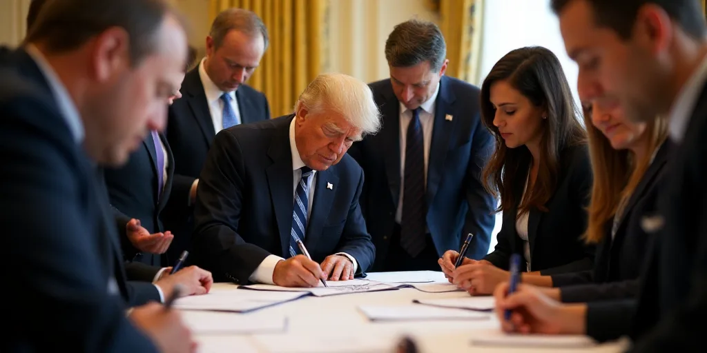 a group of people standing around a table signing papers and signing papers in front of them with pr