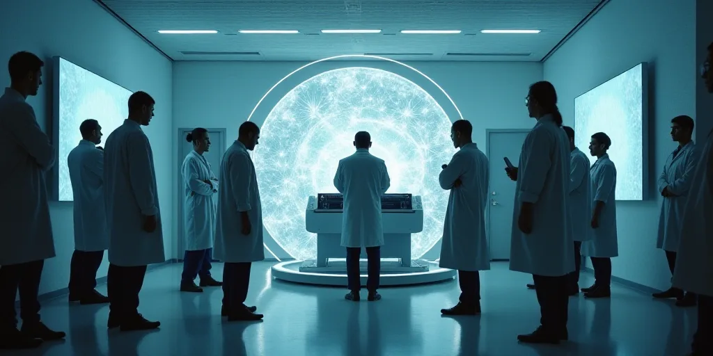 a group of people standing around a room with a machine in it's center and a man in a lab coat stand
