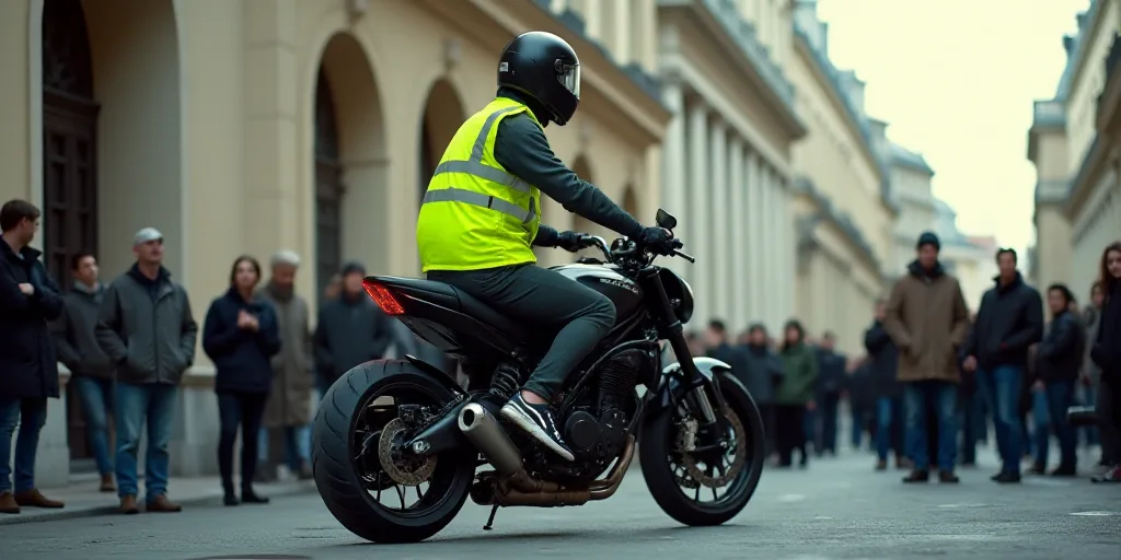 a group of people standing around a building with a man in a neon vest on top of a motorcycle, Ambre