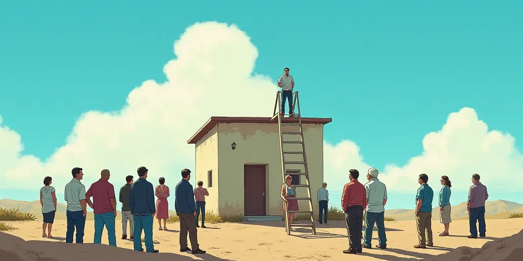 a group of people standing around a building under a blue sky with a man on top of a ladder, Araceli