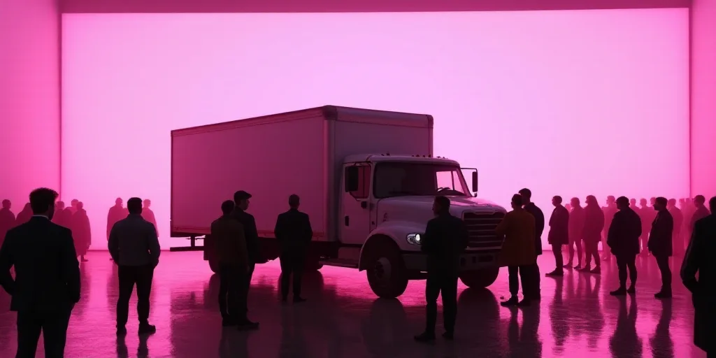 a group of people standing around a truck talking to each other in front of a crowd of people in fro