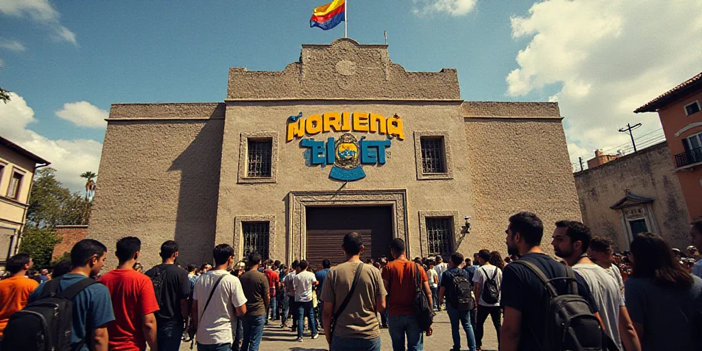 a group of people standing in front of a building with a flag on it and a sign that says morena pt,