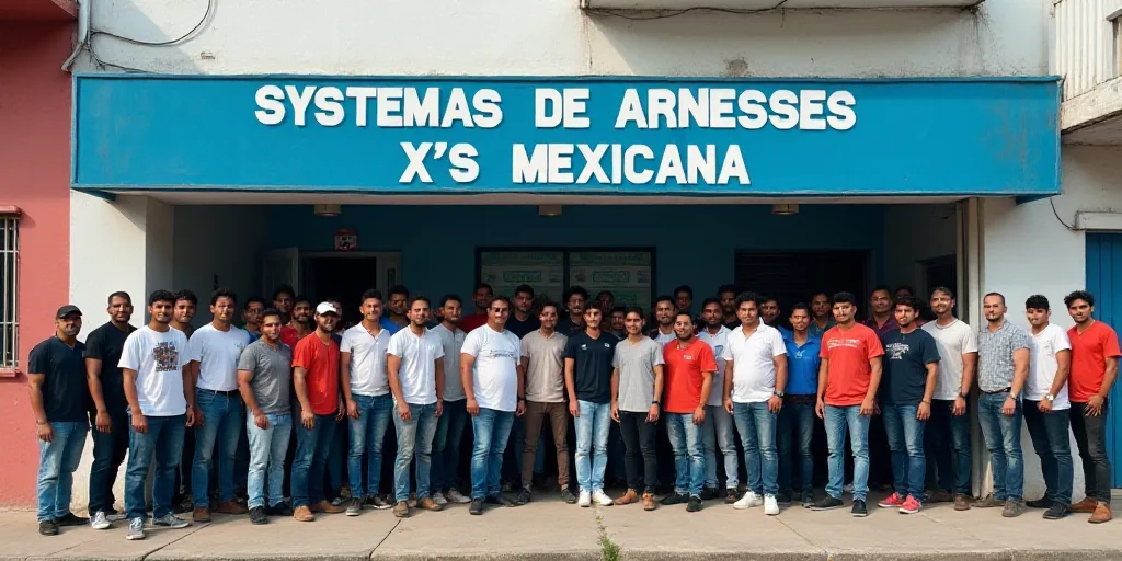 a group of people standing in front of a building with a blue sign that says sistemas de arnesses x