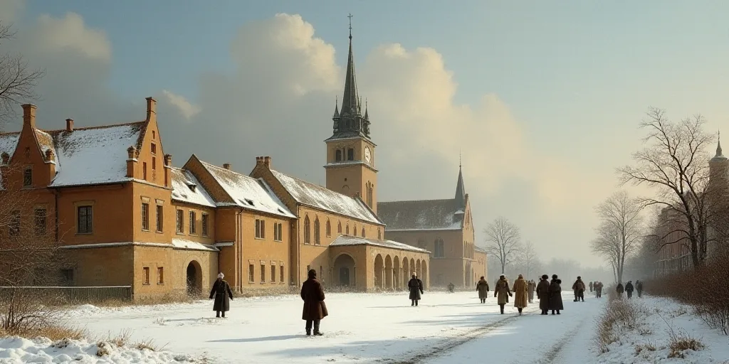 a group of people standing in the snow near a building with a clock tower in the background and a ma
