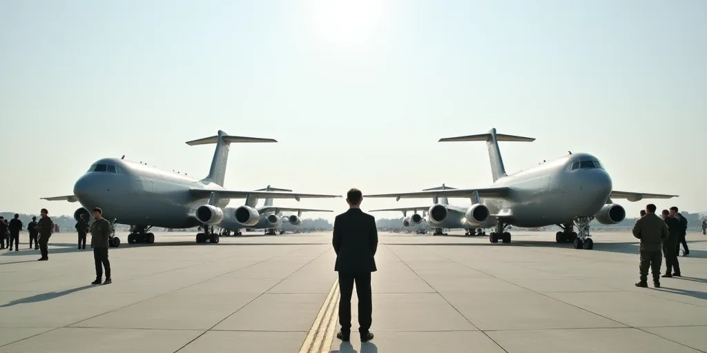 a group of people standing in front of a bunch of planes on a runway with military personnel standin