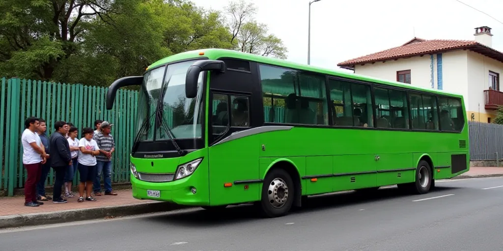 a group of people standing in front of a green bus on a street next to a building and a fence, Dahlo