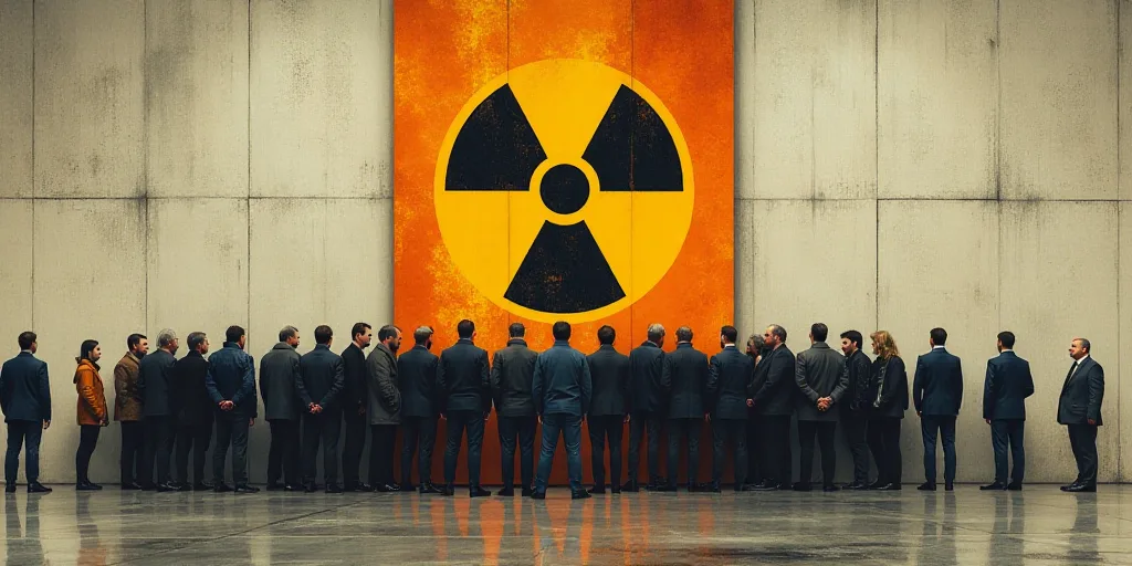a group of people standing in front of a wall with a radiation sign on it's side and a flag of the c