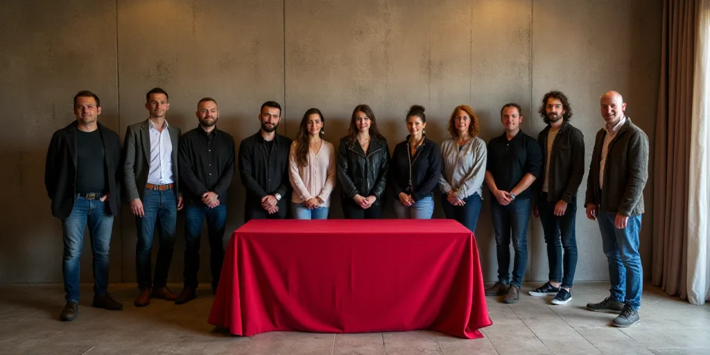 a group of people standing next to each other in front of a table with a red table cloth on it, Cefe
