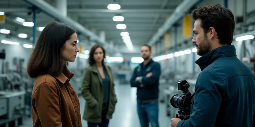 a group of people standing next to each other in a factory area with machinery in the background and