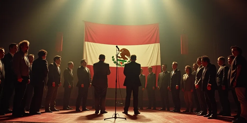 a group of people standing on a stage with a flag behind them and a microphone in front of them, Dav
