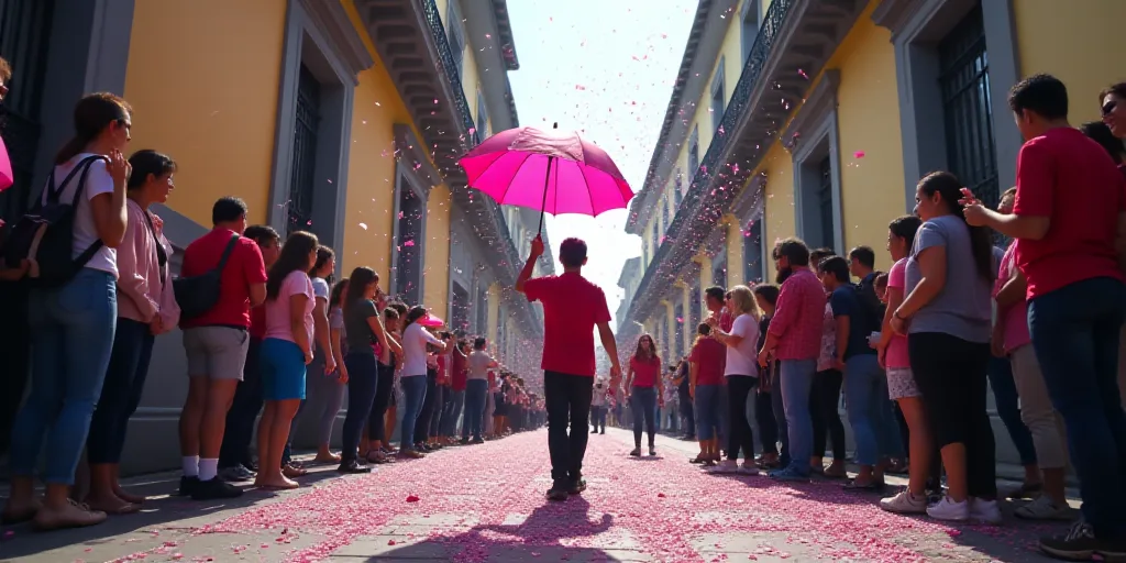 a group of people standing on a sidewalk with confetti in the air and a pink umbrella in the foregro