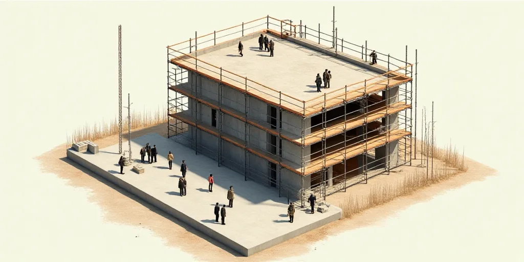 a group of people standing on a construction site next to a building under construction with scaffol