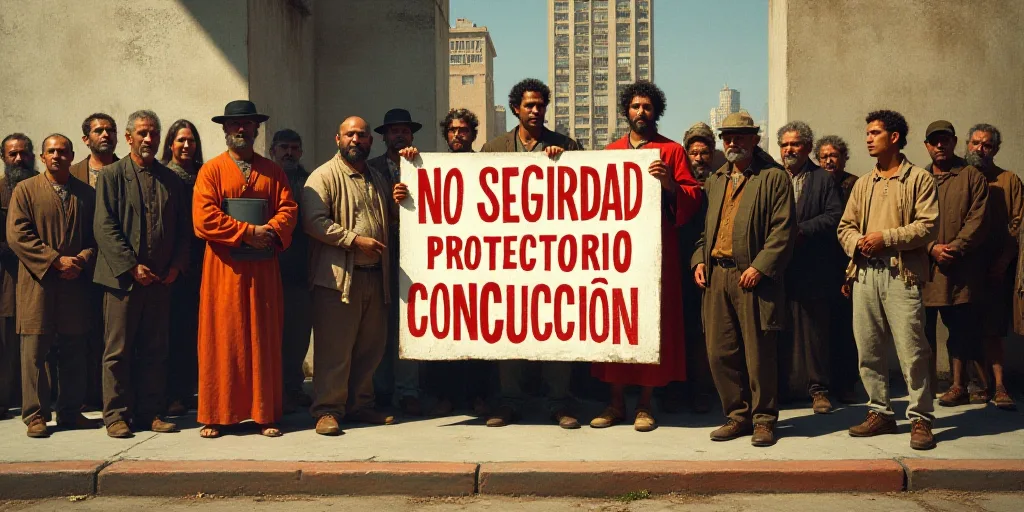 a group of people standing on a sidewalk holding a sign that reads, no de segurdad protectorio concu