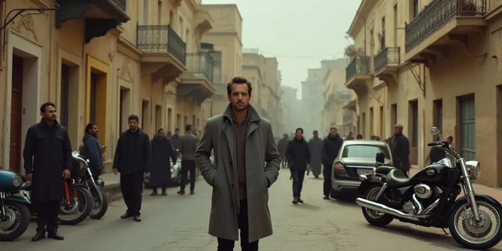 a group of people standing on a street next to parked motorcycles and cars and a man in a gray jacke
