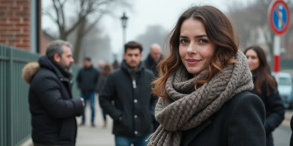a group of people standing on a sidewalk next to a fence and a street sign with a woman wearing a sc
