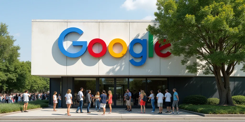 a group of people standing outside of a building with a google sign on it's side and a tree in front