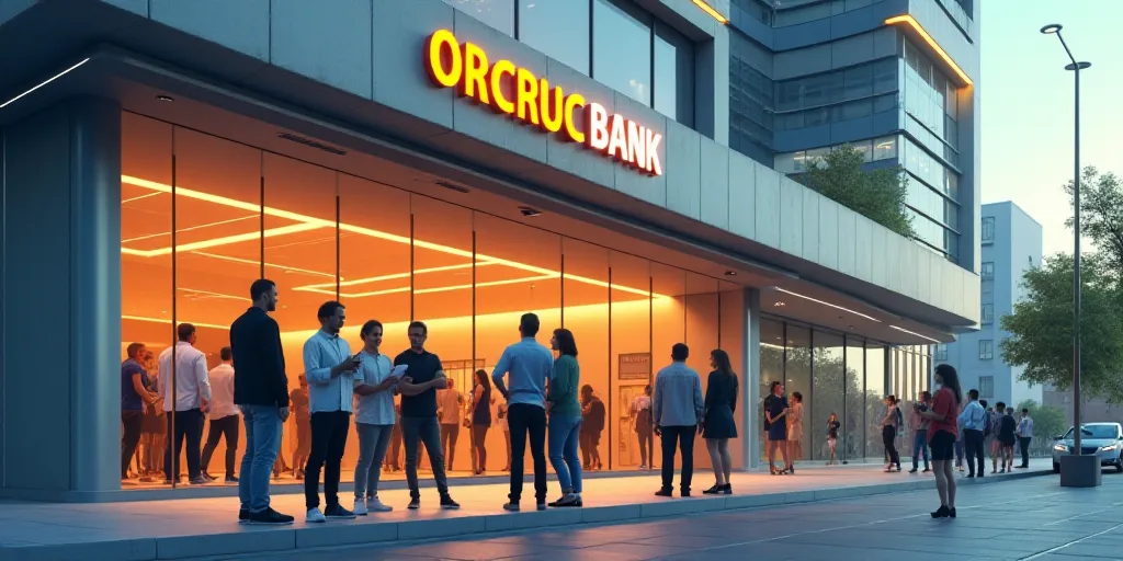 a group of people standing outside of a bank building talking to each other and smiling at each othe