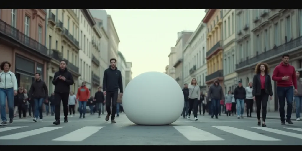 a group of people walking around a city street with a large white object in the middle of the street