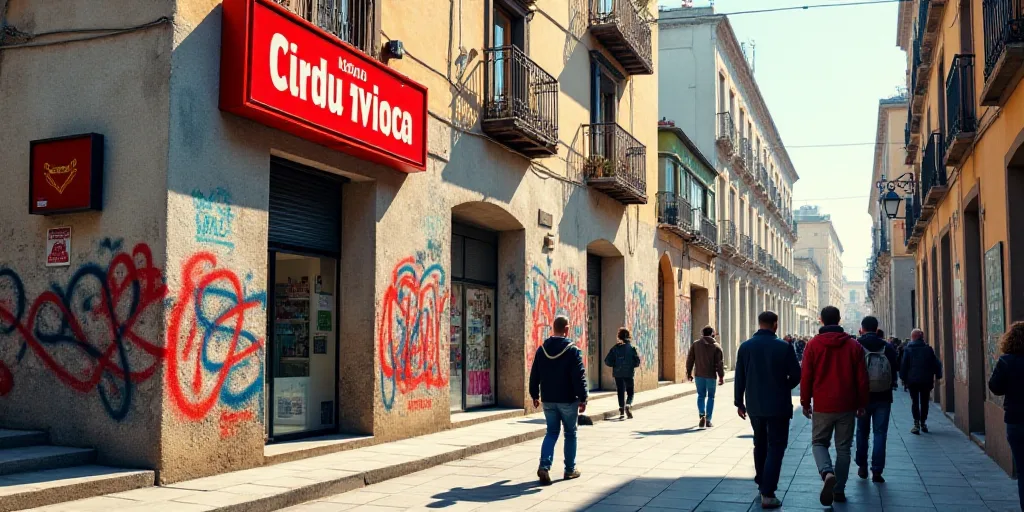 a group of people walking down a street next to a tall building with a red and white sign on it, Ber