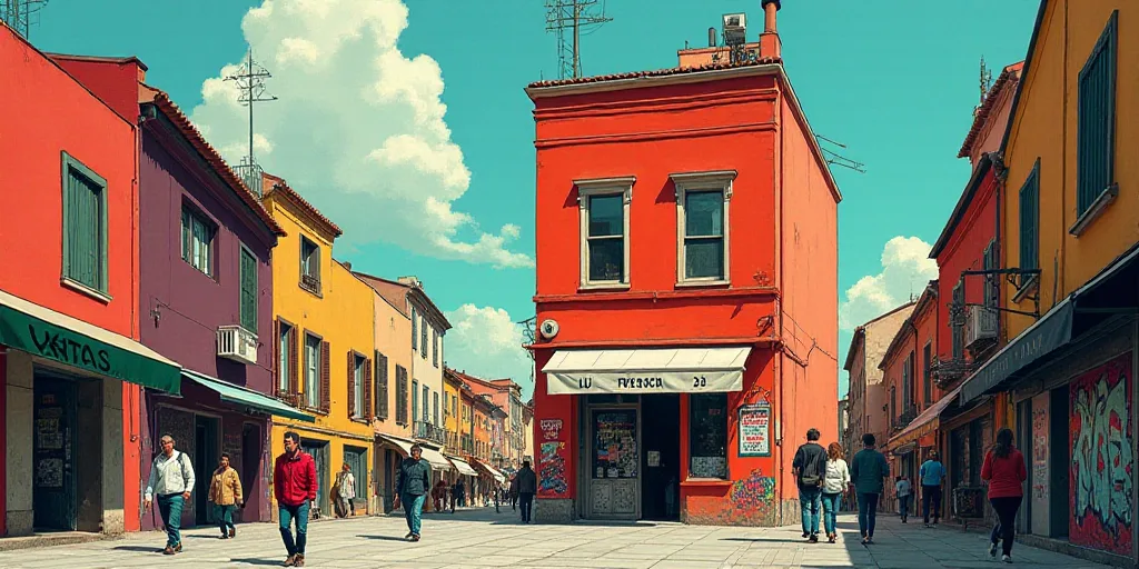 a group of people walking down a street next to a tall building with a red and white sign on it, Ber