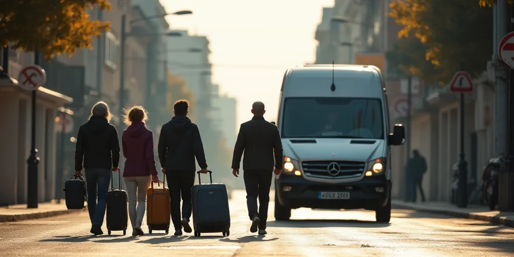 a group of people walking down a street with luggage and a van behind them and a van behind them, Ce