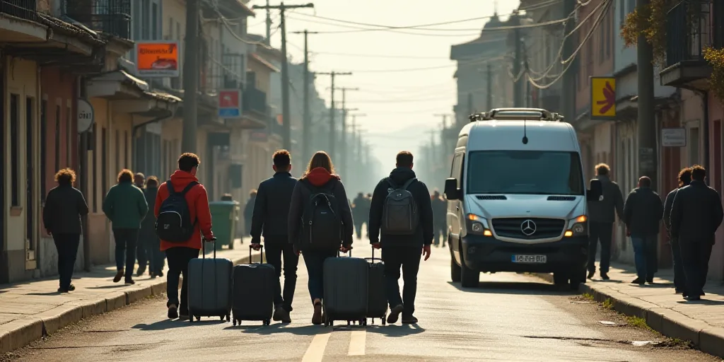 a group of people walking down a street with luggage and a van behind them and a van behind them, Ce
