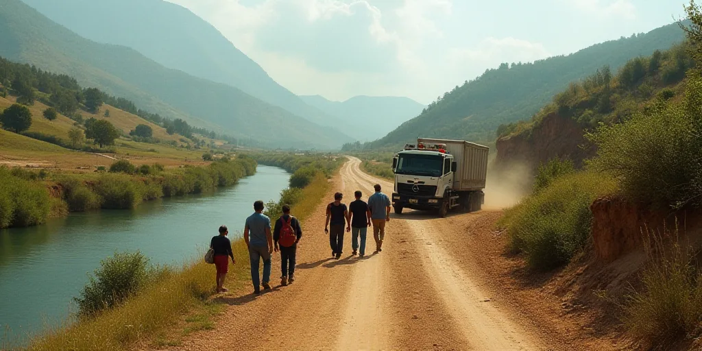 a group of people walking down a dirt road next to a river and a truck on the side of the road, Estu