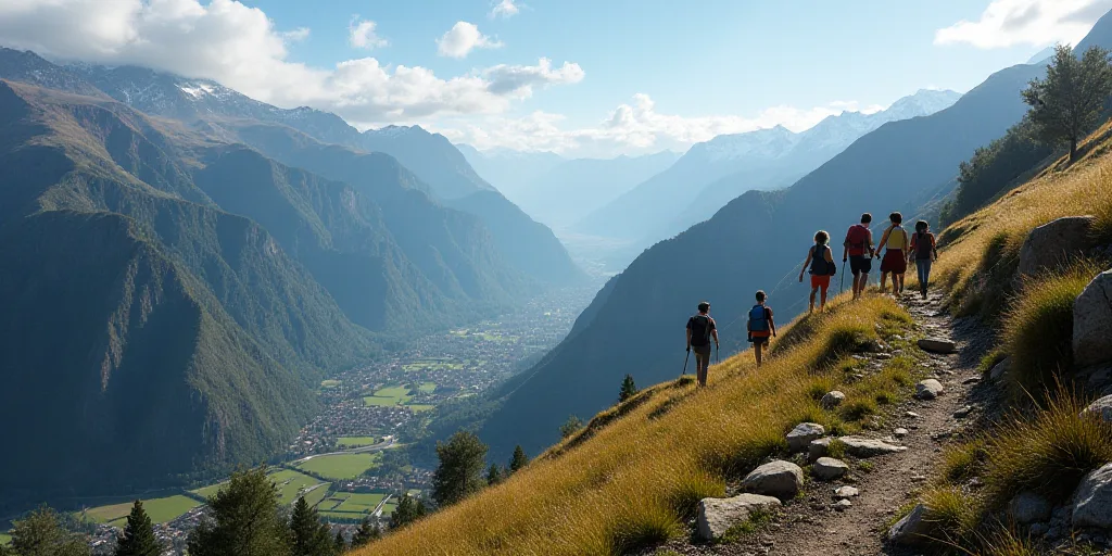 a group of people walking up a mountain side with a view of a valley and mountains in the background