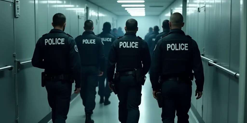 a group of police officers walking down a hallway together in uniform and vests on their backs, with