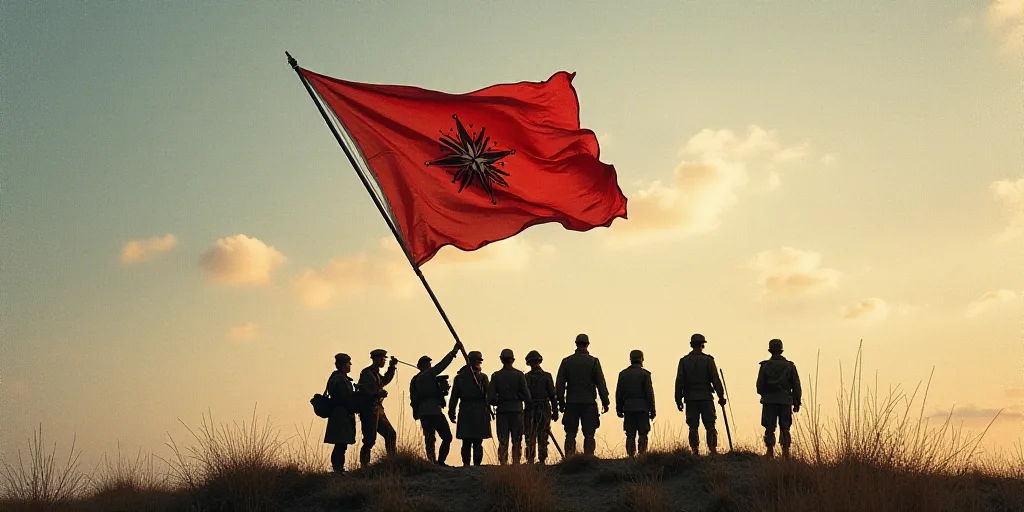 a group of soldiers holding a flag in the air with a star on it and a compass on it, Avgust Černigo