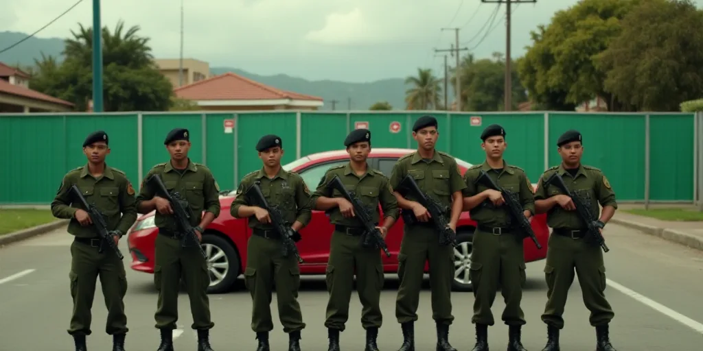 a group of soldiers standing in the street with a red car behind them and a green fence behind them,