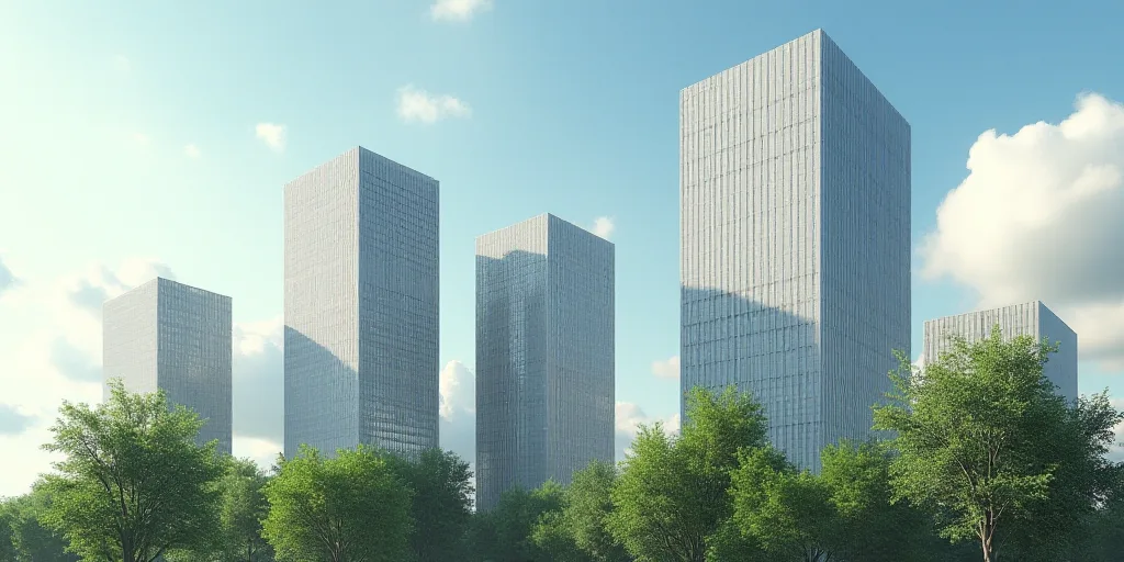 a group of tall buildings with trees in front of them and a sky background with clouds in the sky, E